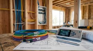 Smart home wiring cables and network tester laid out on construction plans inside a house under construction.