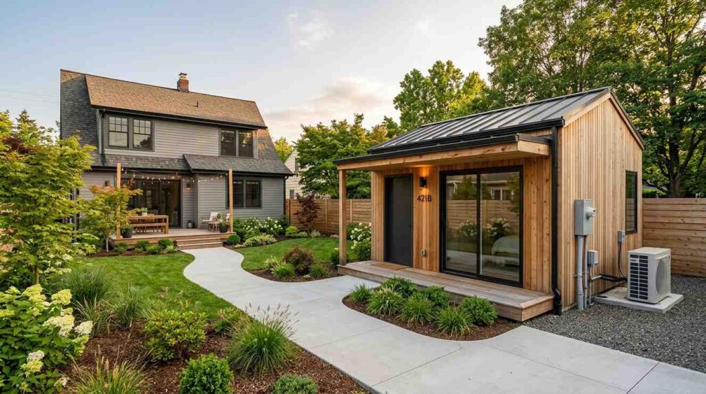 Modern backyard ADU with wood siding, landscaped garden, curved walkway, and main house in the background.