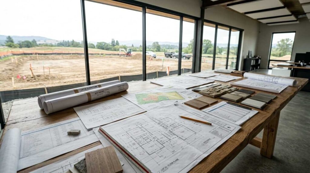 Home construction plans, material samples, and site development documents prepared for a pre-construction planning meeting.