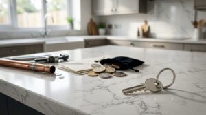 Alt text: House key, coins, and a leaking pipe on a kitchen countertop.