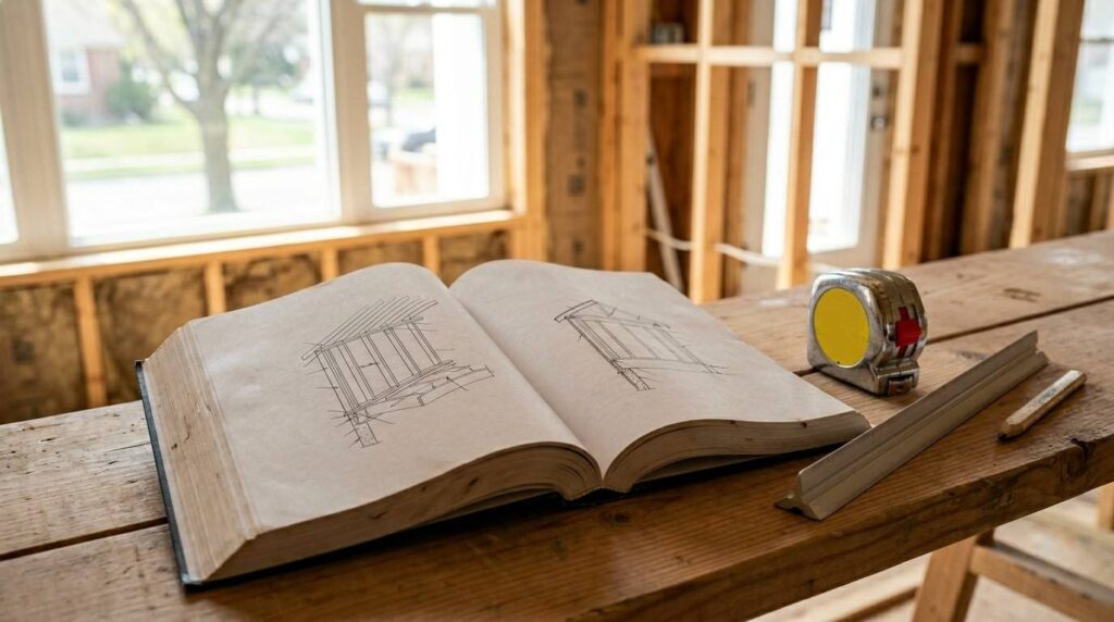 Open building code and construction plans on a workbench inside a framed home under construction, with measuring tools nearby.