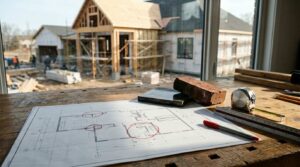 Home construction planning with floor plans, building materials, measuring tools, and a house under construction in the background.
