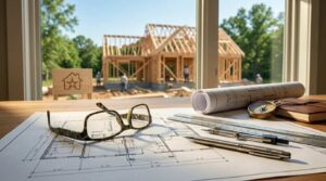 Home construction plans, drafting tools, and glasses on a desk overlooking a house frame under construction.