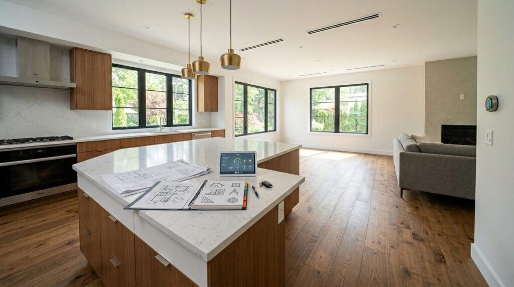 Modern open-concept custom home interior featuring a spacious kitchen with a large quartz island, warm wood cabinetry, hardwood flooring, designer pendant lighting, and architectural plans displayed in a bright, newly completed living space.