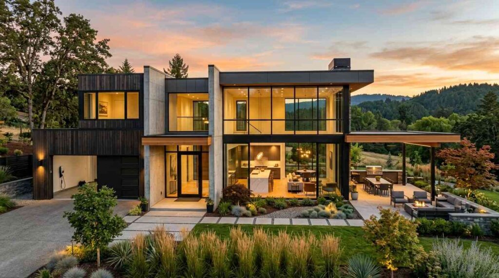 Modern luxury custom home with floor-to-ceiling windows, contemporary architecture, landscaped outdoor living spaces, and panoramic countryside views at sunset.