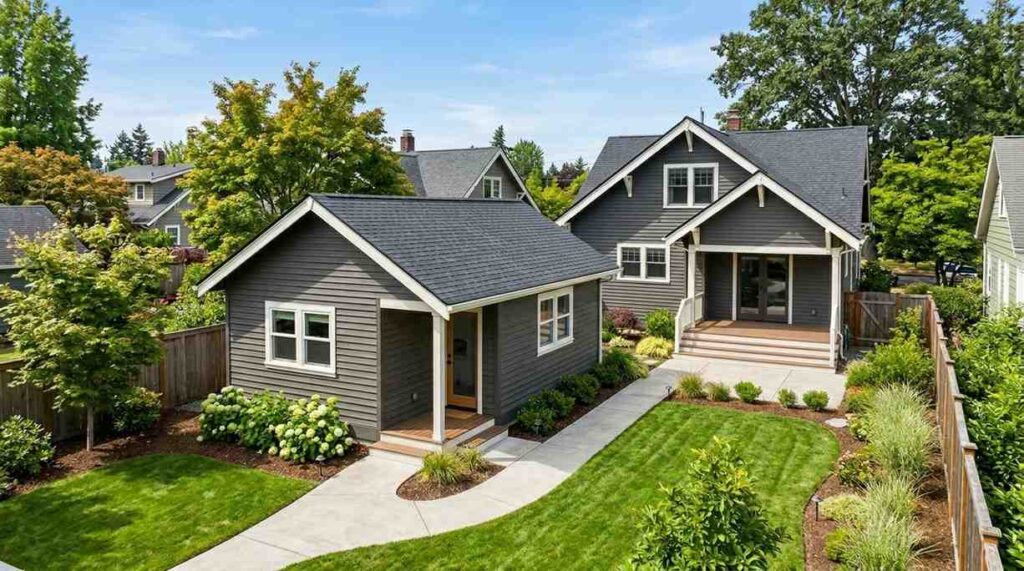 Backyard ADU with gray siding, landscaped lawn, and walkway connecting to the main house.