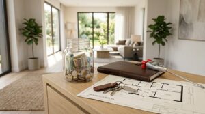 Savings jar, house keys, and floor plan on a table in a bright living room.