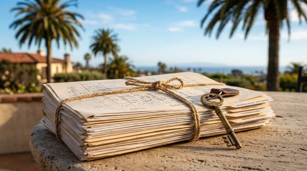 Stack of architectural plans tied with twine and an antique key on a table overlooking a coastal neighborhood, symbolizing permits, approvals, and property development planning.