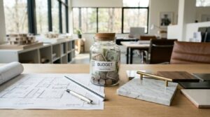 Home renovation budget planning with floor plans, material samples, design finishes, and project savings fund.