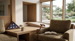 Accessible home interior with a wheelchair-friendly ramp, comfortable seating, and a folded American flag, highlighting aging-in-place and veteran-focused design.