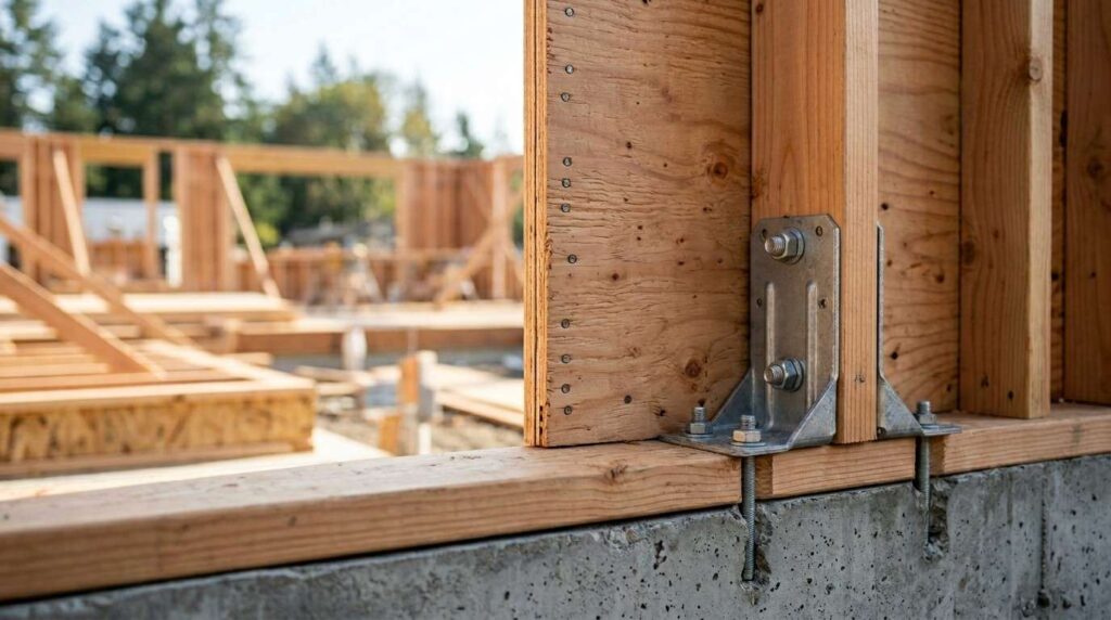 Shear wall anchor bracket securing wood framing to a concrete foundation.