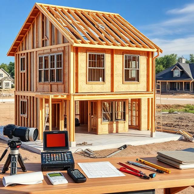 Custom home under construction with exposed framing, plumbing, electrical, waterproofing, roofing, insulation, and professional inspection equipment used for detailed quality-control inspections before project completion.