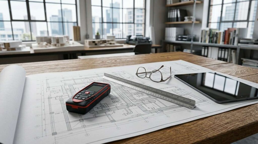 Architectural plans with measuring tools in an engineering office.