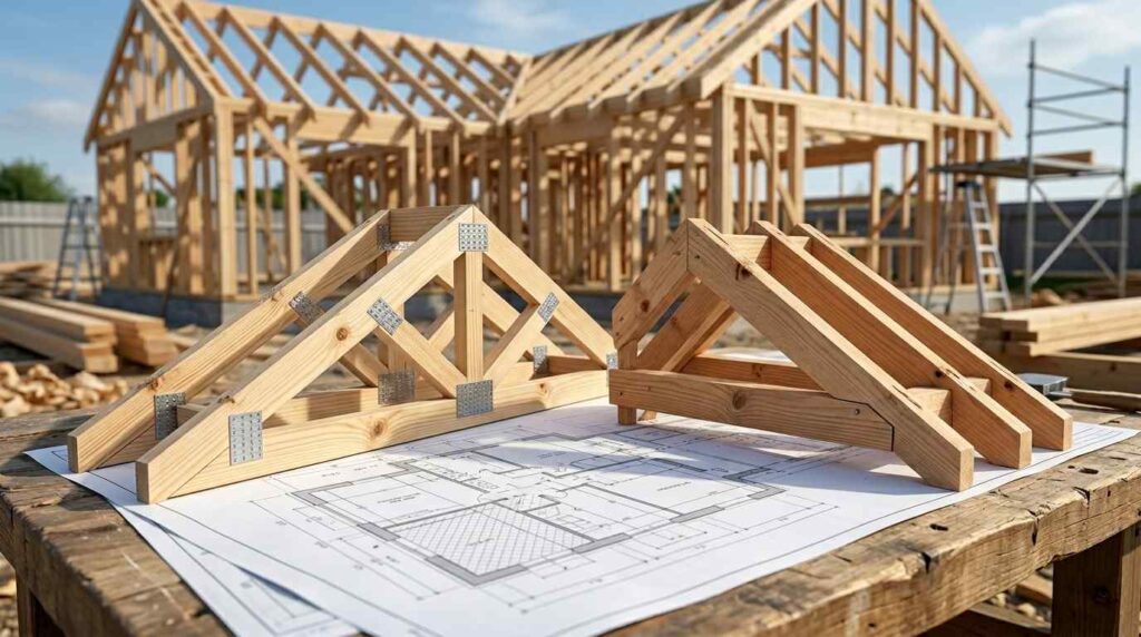 Roof trusses and stick-framed roof models at a construction site.