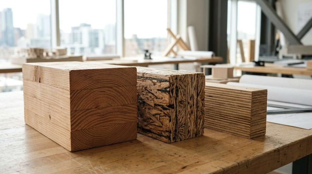 Solid lumber and engineered wood beam cross-sections on display.