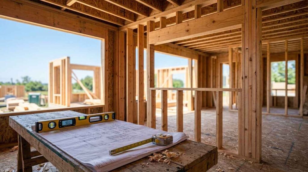 Wood-framed house under construction with plans and measuring tools.