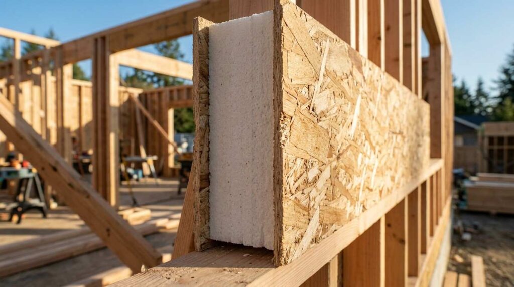 Structural insulated panel (SIP) cross-section with foam insulation core.