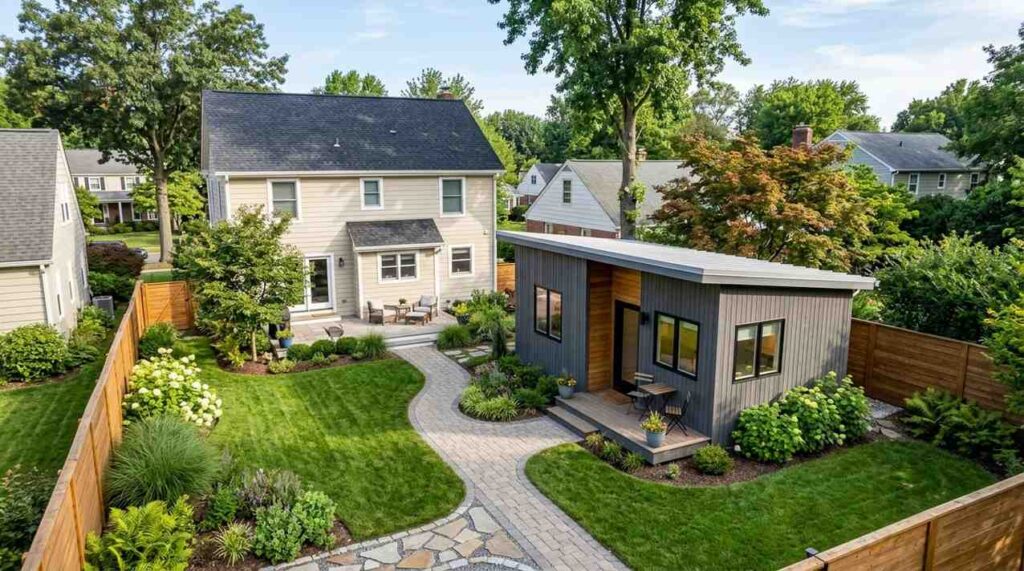 Modern backyard ADU with landscaped lawn, curved stone walkway, and main suburban home in the background.