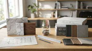 Architectural material samples, design plans, and a jar of savings sit on a table, comparing custom home finishes and construction budget options.