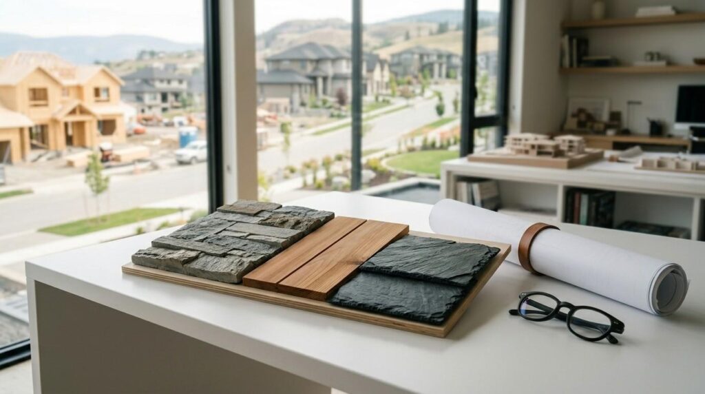 Material sample board with stone, wood, and slate finishes beside architectural plans in a modern design studio overlooking a residential development.