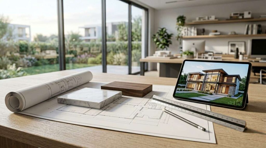 Architect workspace with floor plans, material samples, measuring tools, and a digital home design rendering.