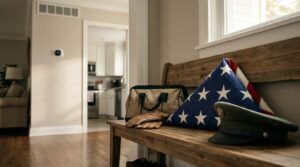 Folded American flag, service cap, and work gloves on a bench inside a home.