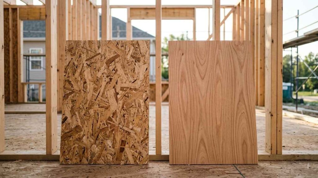OSB and plywood panels compared in a residential construction site.
