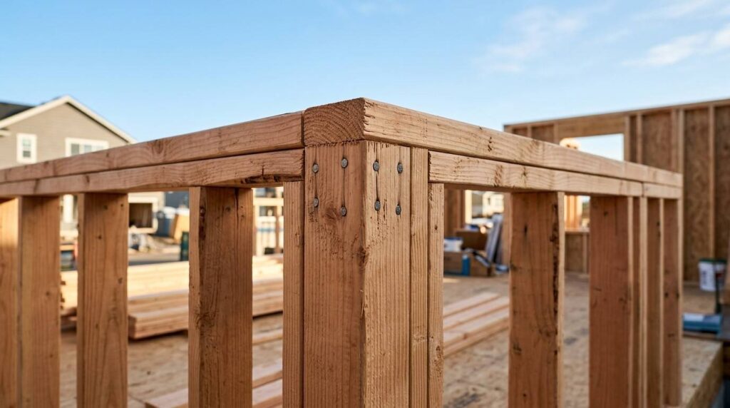 Wood wall framing corner with joined studs and top plates.