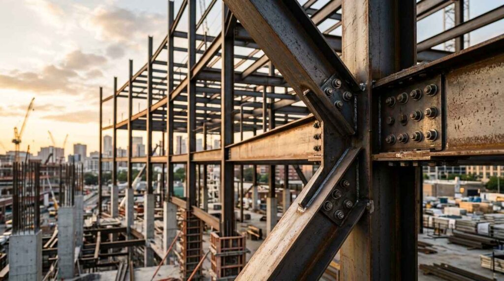 Bolted steel brace connection in a structural steel frame.
