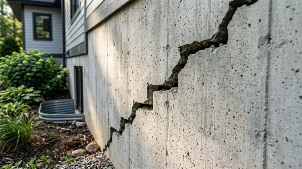Severe crack in a residential concrete foundation wall.