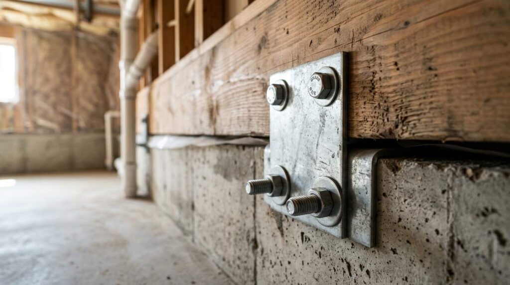 Seismic anchor bolts connecting wood framing to a concrete foundation.