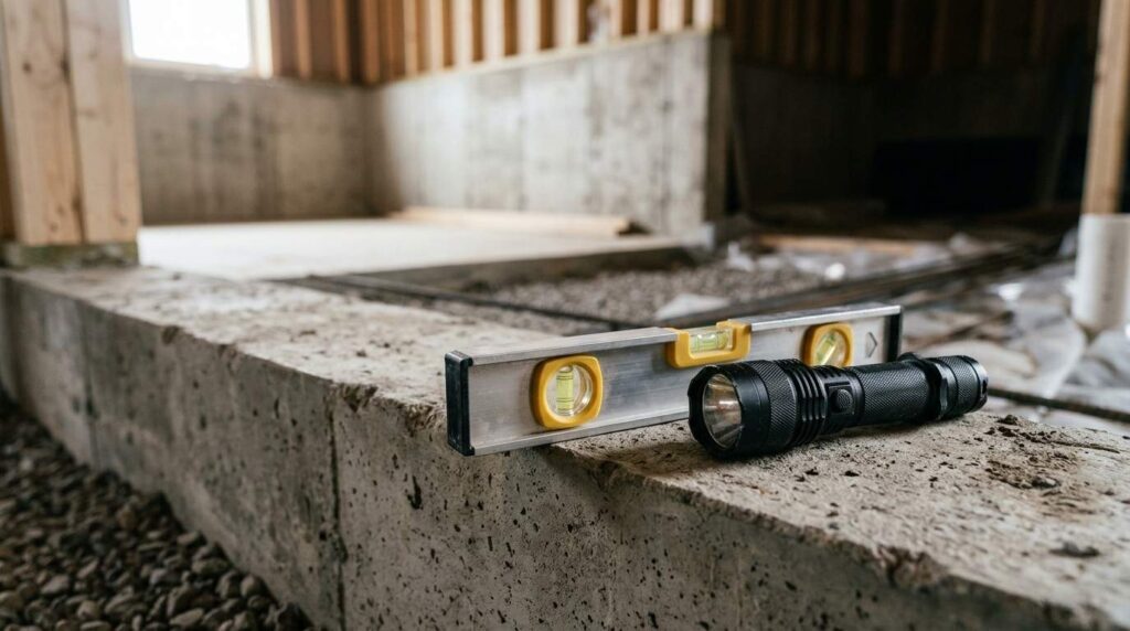 Level and flashlight on a concrete foundation during inspection.