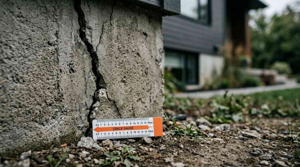 Crack gauge measuring a large foundation wall crack.