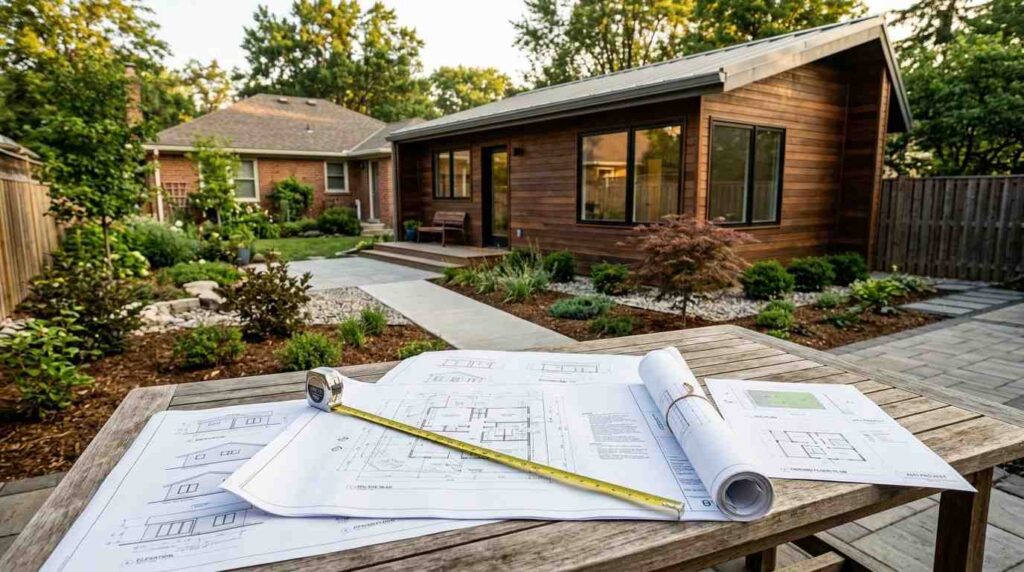 ADU construction plans and measuring tape on a table overlooking a completed backyard accessory dwelling unit with landscaped grounds.