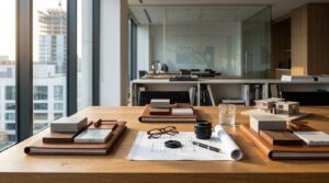 Architectural floor plan with material samples and design tools on a modern office desk.