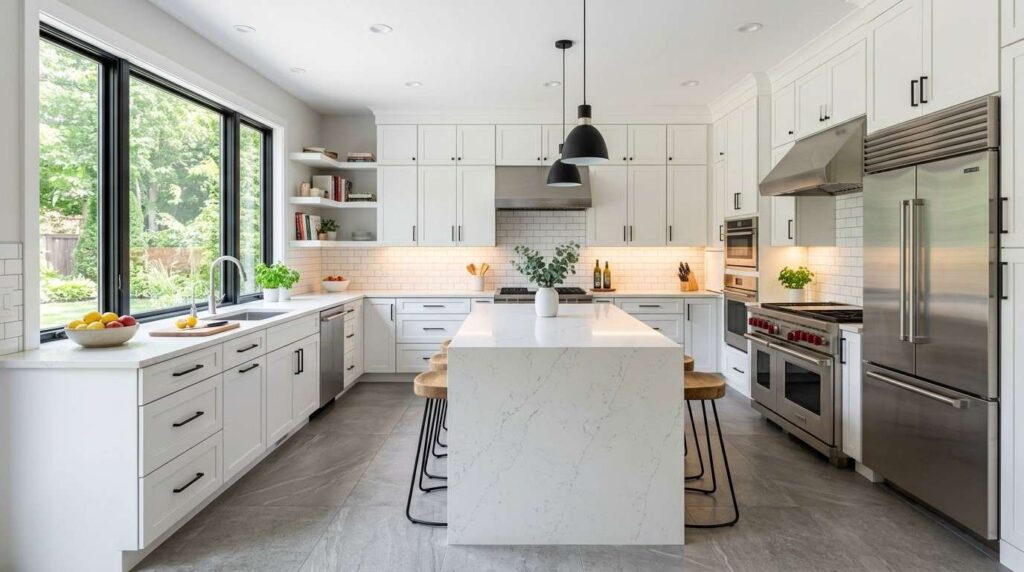 Bright, luxury white kitchen featuring shaker-style cabinetry, a large quartz waterfall island, stainless steel professional-grade appliances, pendant lighting, subway tile backsplash, and expansive black-framed windows overlooking a landscaped backyard. The modern open-concept design emphasizes natural light, clean lines, premium finishes, and functional family living.