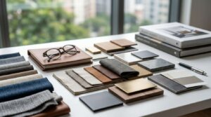 Alt text: Interior design materials, fabric swatches, and finish samples arranged on a workspace.
