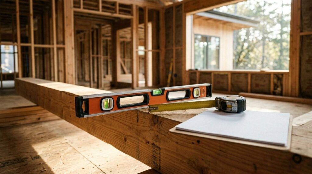 Spirit level and measuring tape on a wooden beam inside a house under construction, with exposed framing in the background.