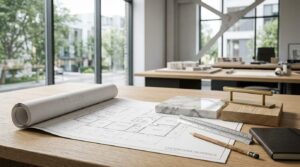 Custom home design workspace with architectural floor plans, material samples, measuring tools, and design consultation materials.