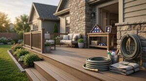 Home maintenance supplies on a backyard deck with veteran memorabilia in the background.