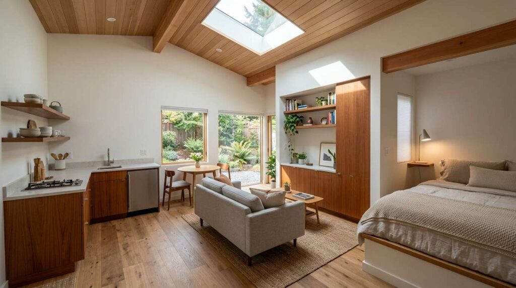 Modern ADU interior featuring a compact kitchen, living area, bedroom nook, wood ceilings, and large garden-facing windows.
