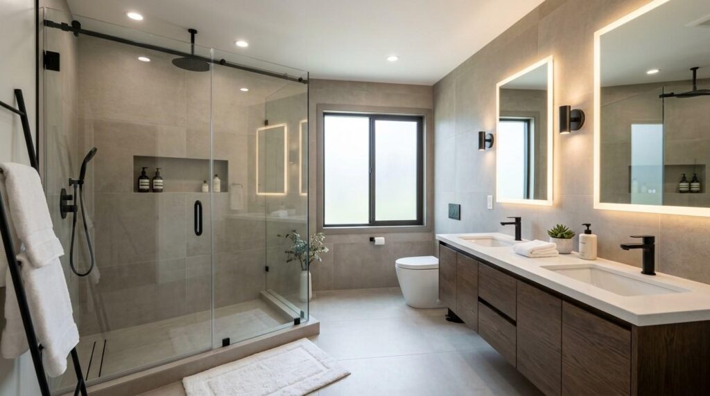 Modern luxury bathroom with a glass walk-in shower, double vanity, illuminated mirrors, and contemporary finishes.