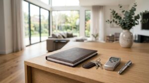 Home maintenance logbook, house keys, a moisture meter, and a pen arranged on a wooden table in a bright living room.