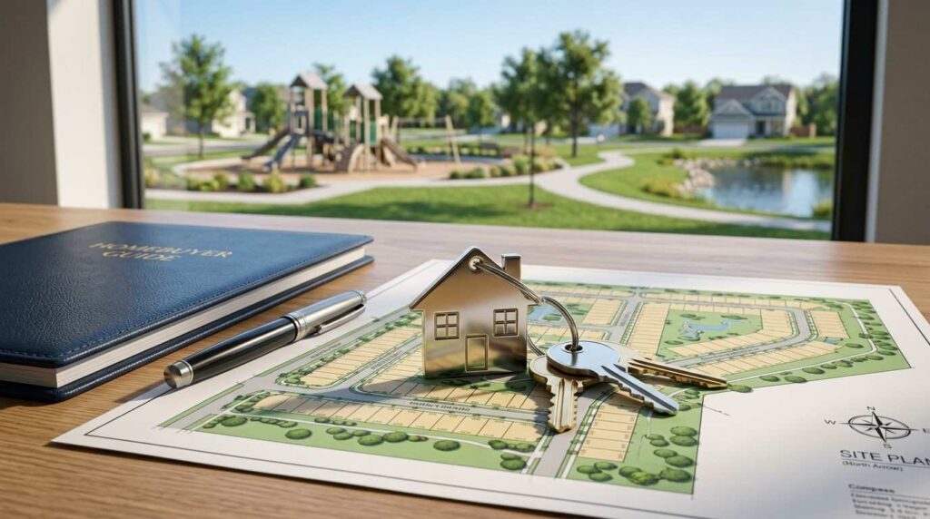 House-shaped keychain and keys placed on a residential site plan, with a neighborhood park visible in the background, representing community planning and home site selection.