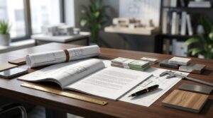 Architect fee planning with contracts, blueprints, material samples, and construction budget documents on a design office desk.
