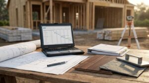 Construction planning workspace with blueprints, project schedule, material samples, and a laptop in front of a custom home build site.