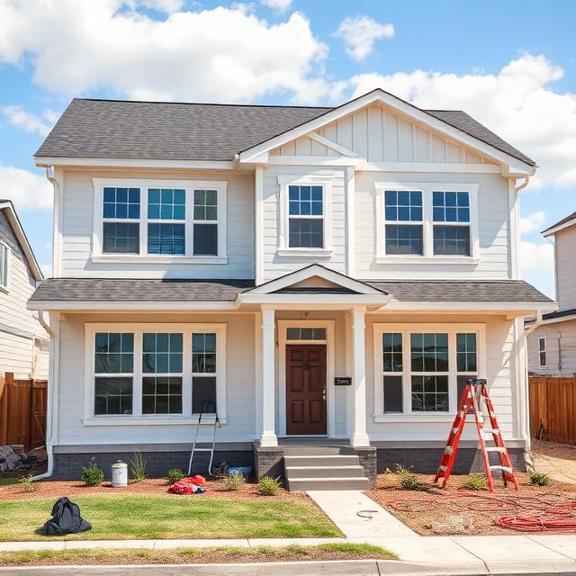 Recently completed suburban home during the punch list resolution phase, showing paint touch-ups, trim repairs, cabinet adjustments, caulking corrections, and other minor construction fixes before final homeowner handover.