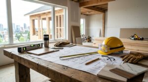Custom home versus semi-custom home comparison with architectural plans, material samples, cabinet options, and finish selections displayed on a table.