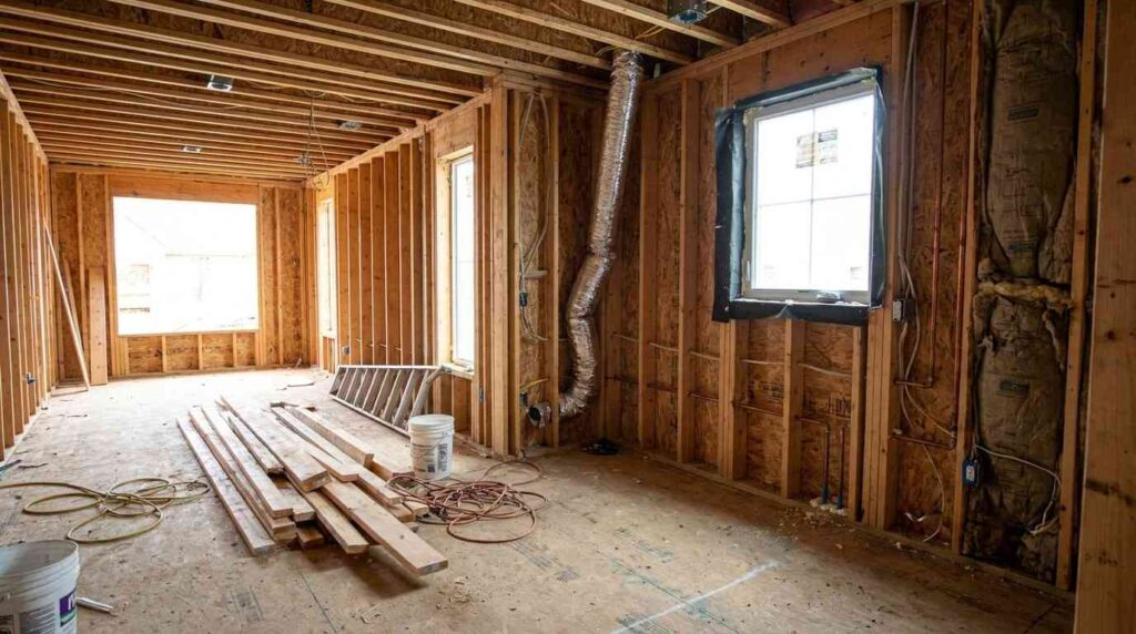Pre-drywall residential construction site showing exposed framing, electrical wiring, plumbing, HVAC ductwork, and realistic building defects such as missing nail plates, poor air sealing, framing issues, and improperly supported utility systems.