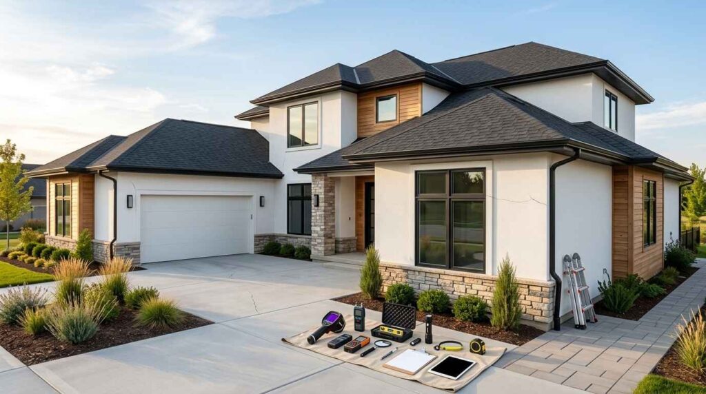 modern residential home with subtle inspection findings and professional home inspection equipment illustrating the process of resolving inspection disagreements without people